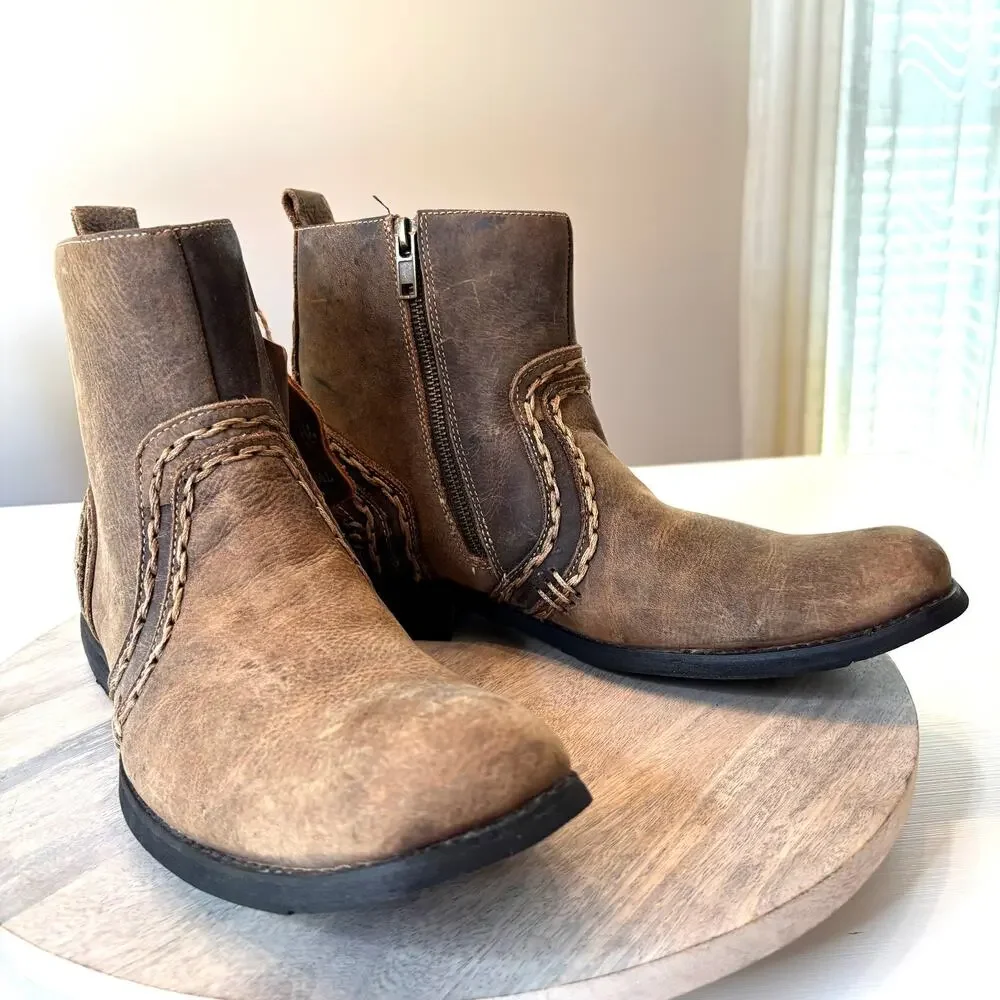 Bed Stu Revolution Boots Men's Sz 10 Tan Brown Distressed Leather Side Zip NIB